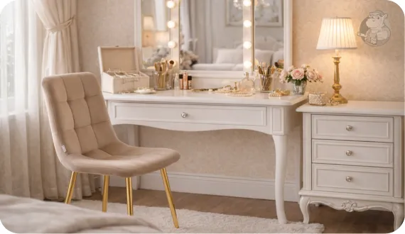 beżowe krzesło Harry ze złotymi nogami w przytulnej sypialni i toaletce typu glamour